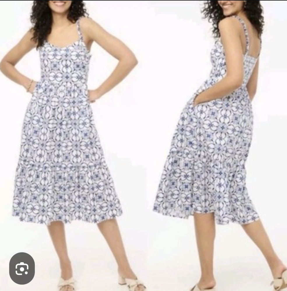 Like New! J. Crew Factory White and Blue Printed Mosaic Midi Sundress